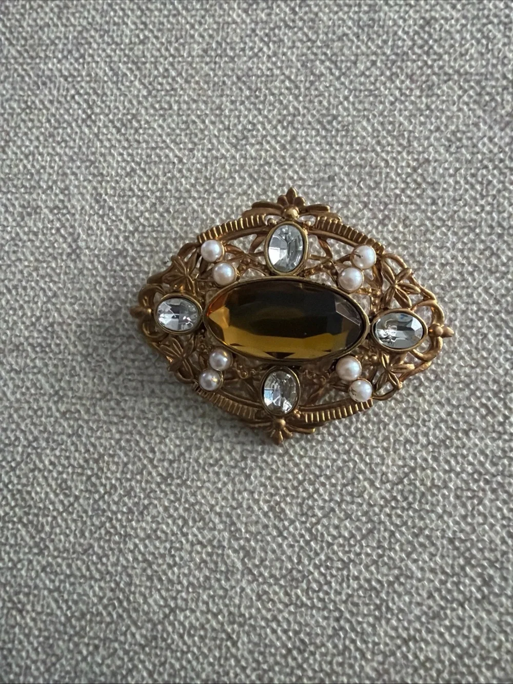 Avon Gold-Tone Amber Glass and Pearl Filigree Brooch